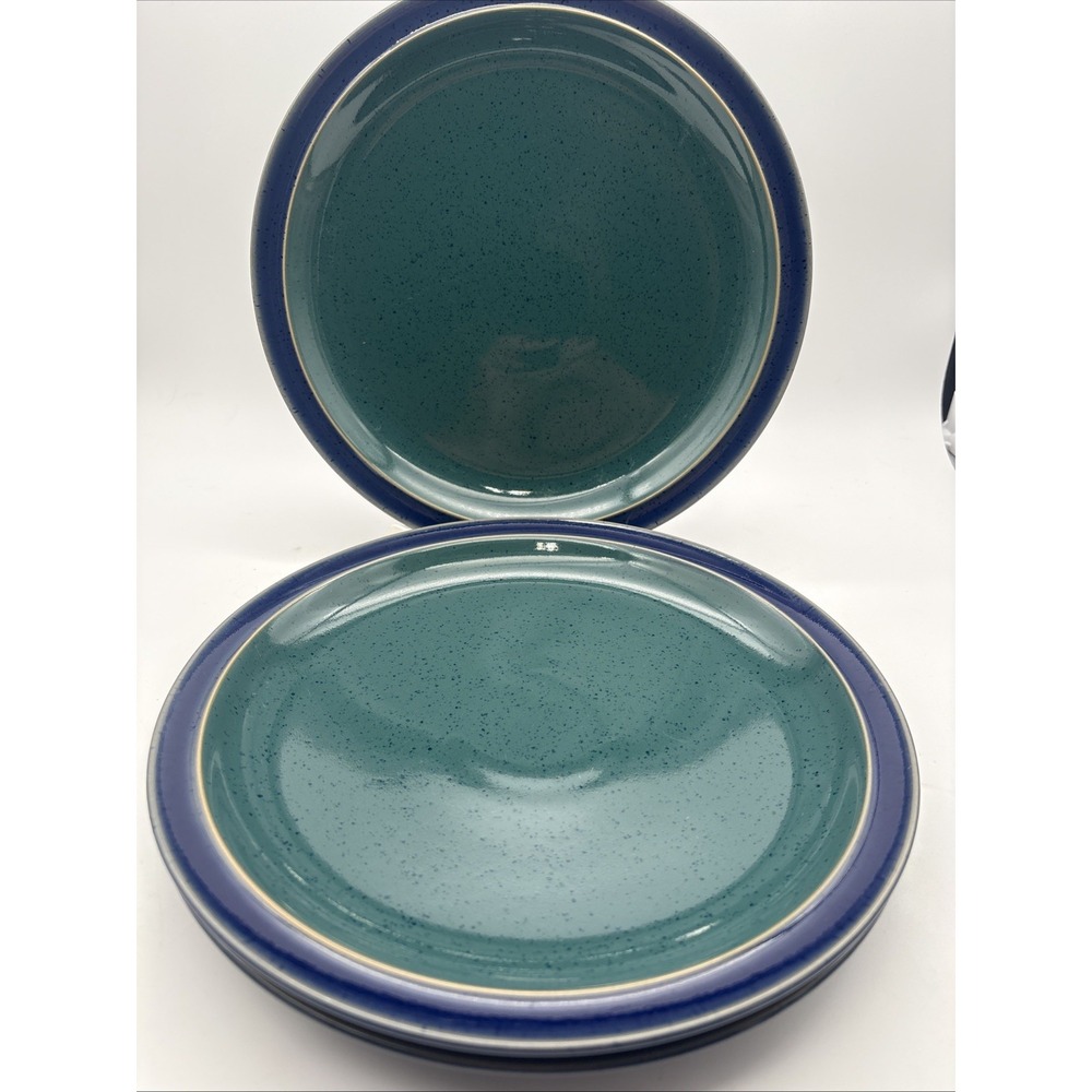 3 Denby Harlequin Dinner Plates Green Blue Speckle Stoneware England 10.5"
